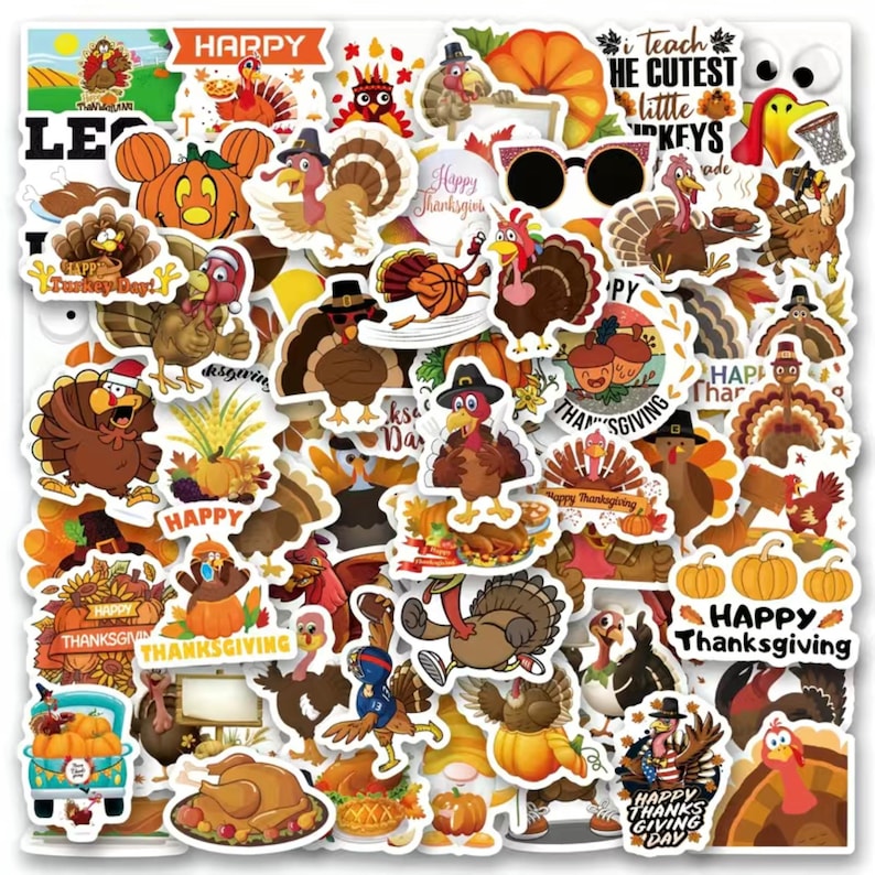 60 Thanksgiving Stickers With Cartoon Turkeys And Traditional Foods, High Quality Decal Stickers