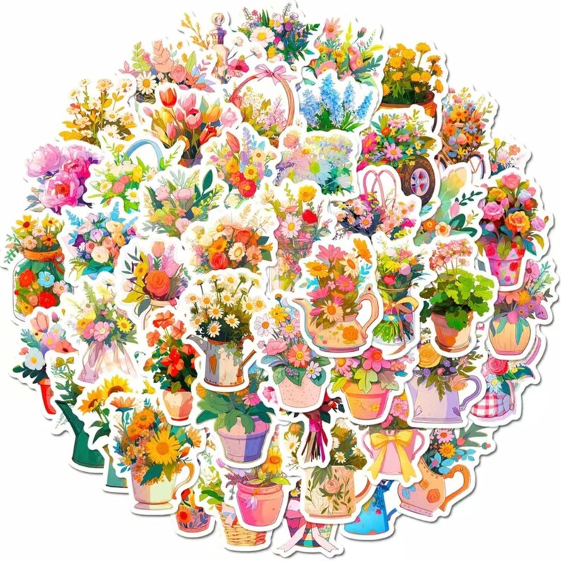 50 Unique Flower Arrangement Stickers With Pitchers, Baskets & More, High Quality Decal Craft Stickers