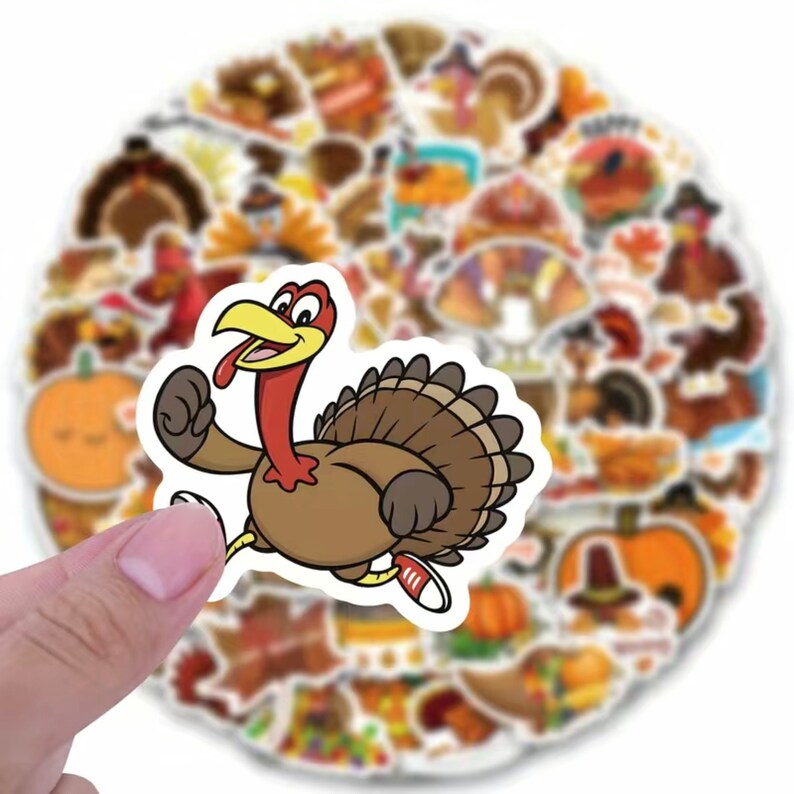 60 Thanksgiving Stickers With Cartoon Turkeys And Traditional Foods, High Quality Decal Stickers
