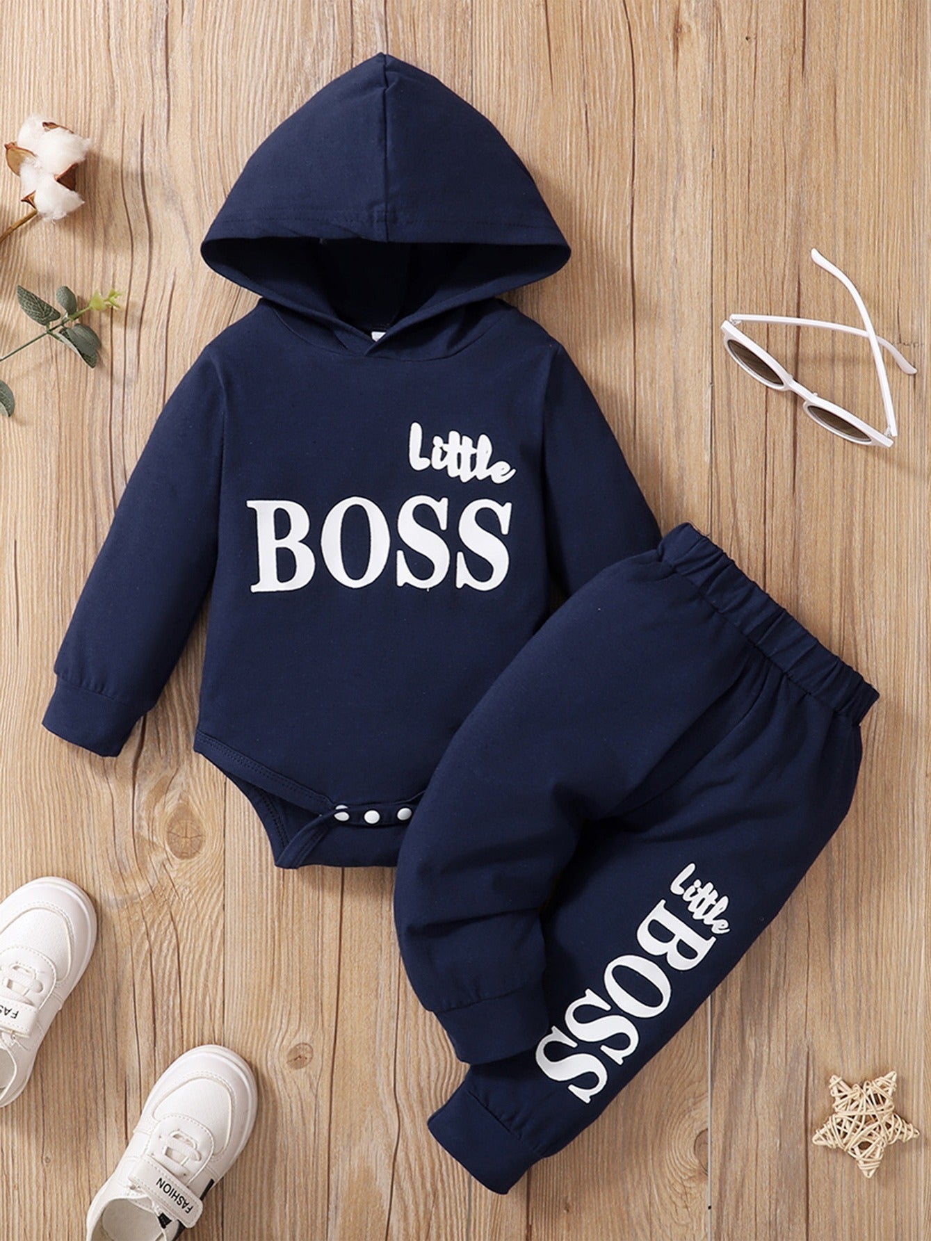 2pcs Baby Boys Clothes "BOSS" Hooded Bodysuit + Matching Pants Cotton Romper Onesie Bottoms Trousers Set Spring Fall