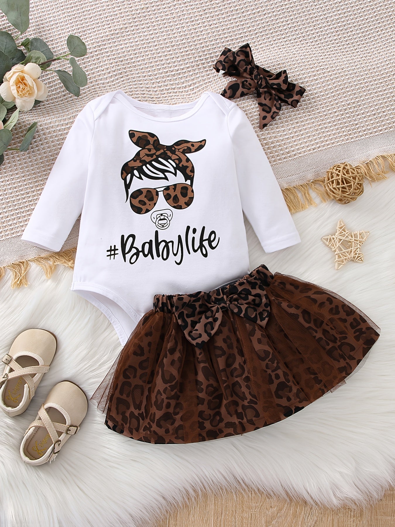 Toddler Baby Girls Cartoon Print Long Sleeve Romper & Leopard Mesh Skirt & Headband 3pcs Set