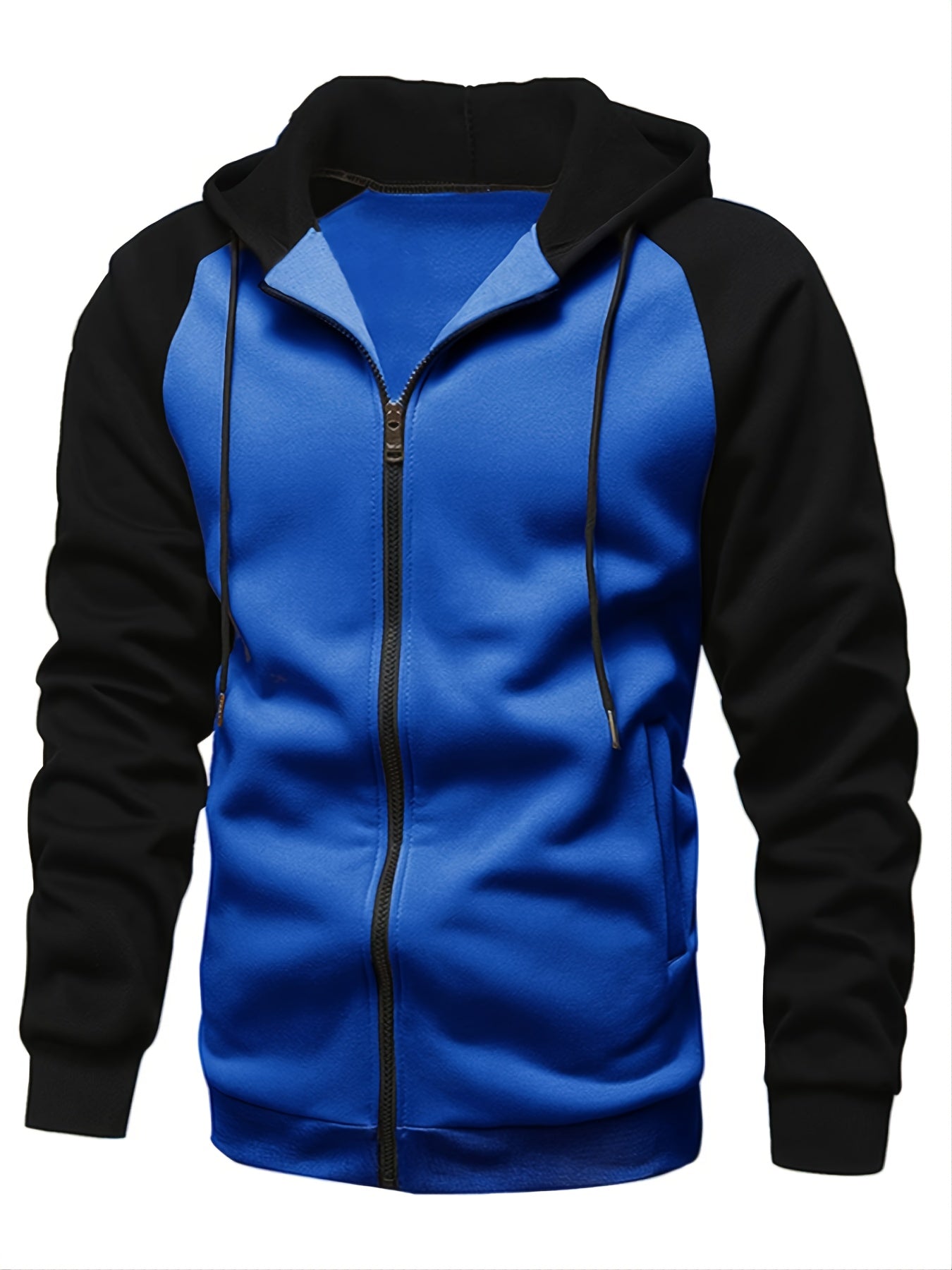 Fall/Winter Men's Colorblock Raglan Sleeve Zip Up Drawstring Hoodie