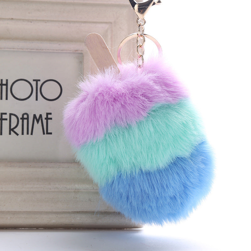 Fur Pom Pom Keychain Ice Cream Bag Purse Charm Yummy Metal Ring Fluffy Fur Ball Food Fashion Gift Charm
