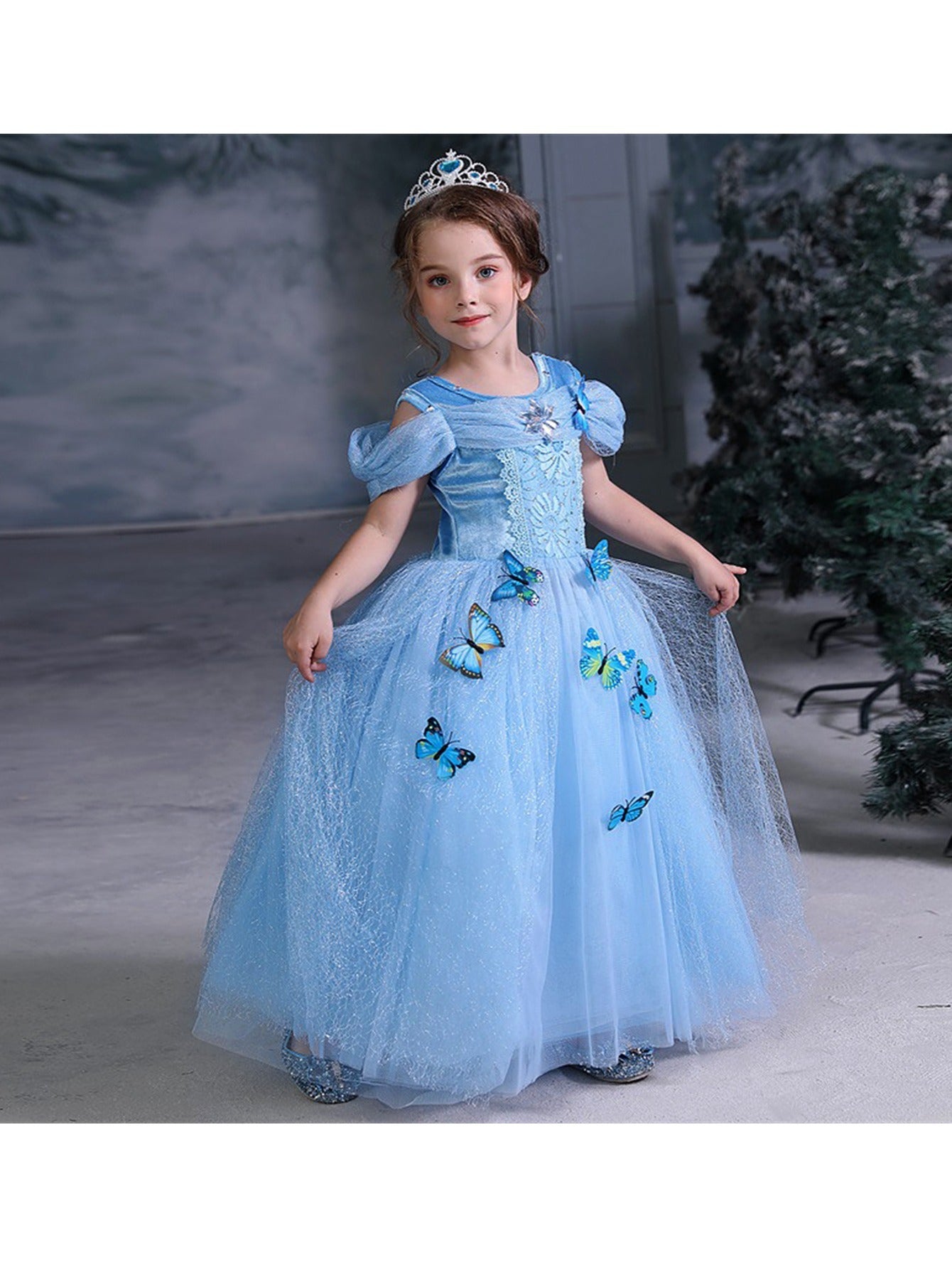 9pcs Girls Cinderella Princess Dress Costume, Jewelry, Gloves, Crown & Princess Wand