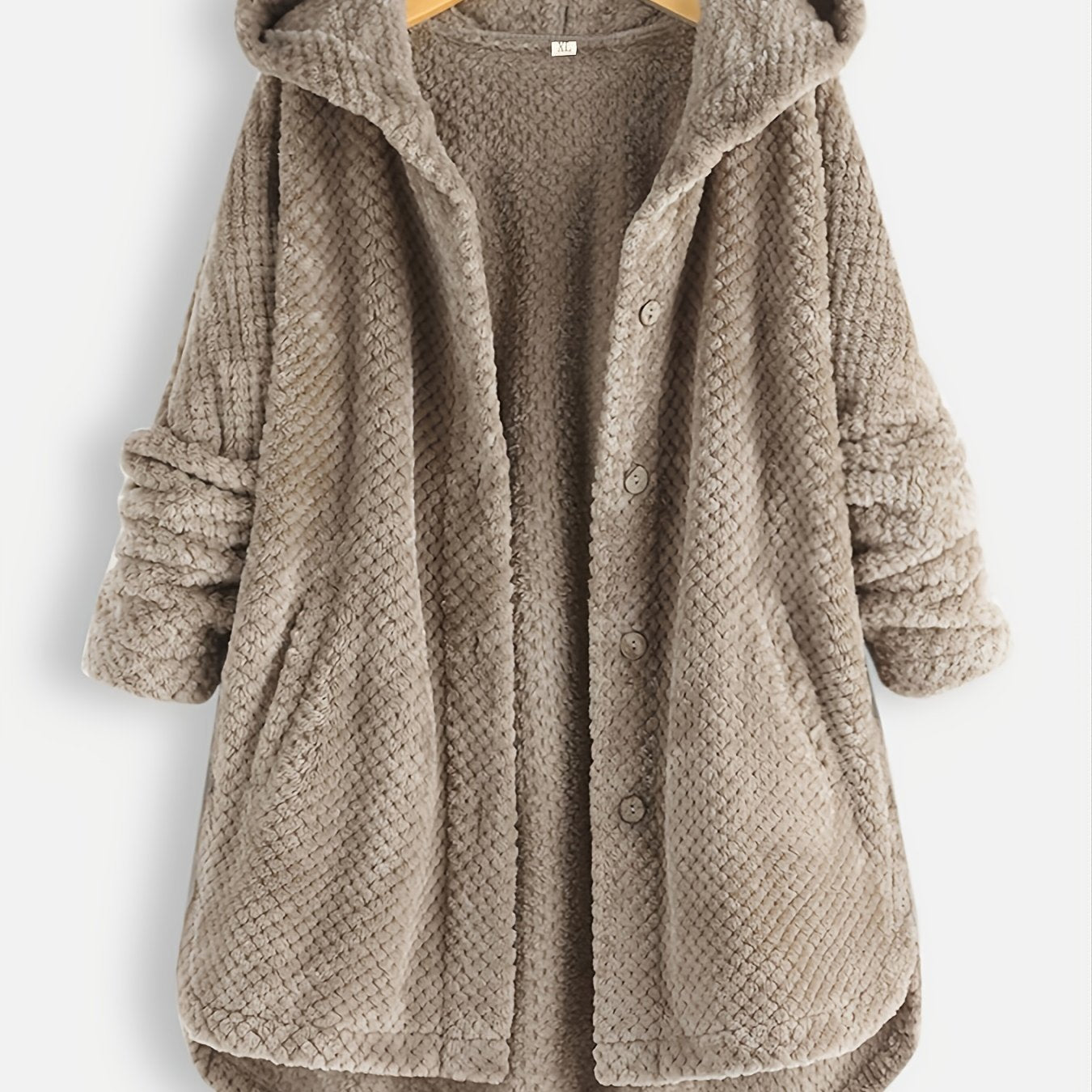 Plus Size Fuzzy Double Hoodie Coat, Women's Plus Solid Winter Coat Cozy Outerwear