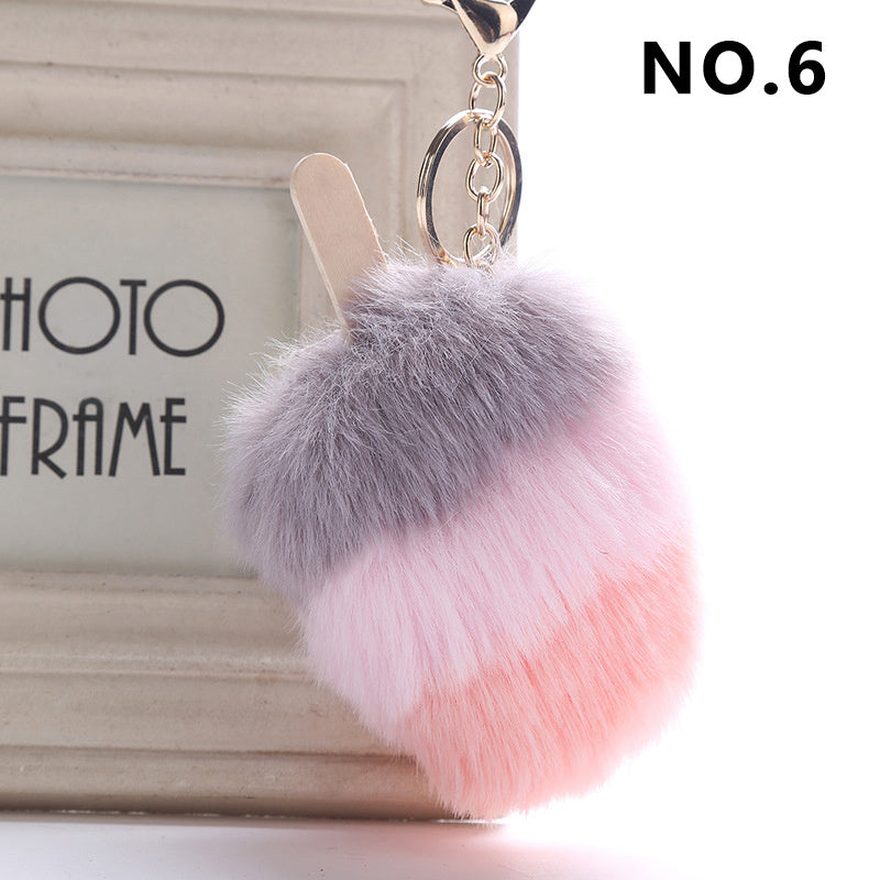 Fur Pom Pom Keychain Ice Cream Bag Purse Charm Yummy Metal Ring Fluffy Fur Ball Food Fashion Gift Charm