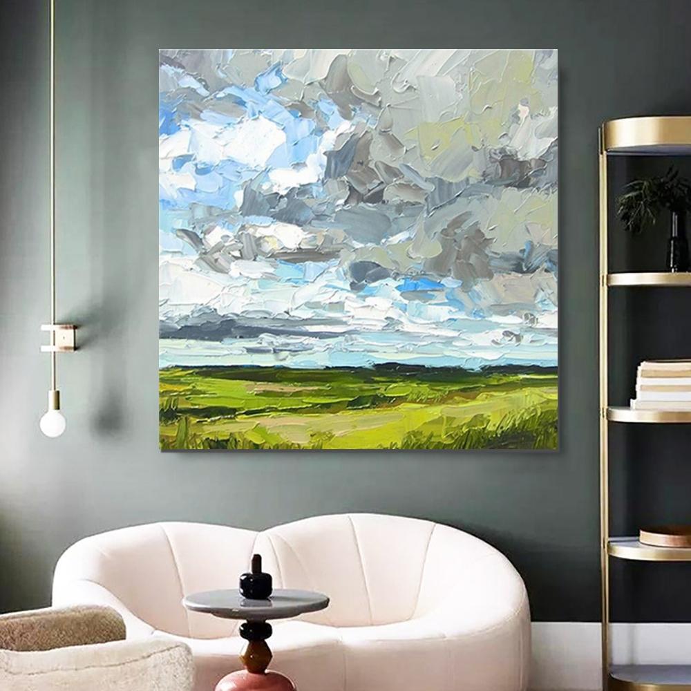 Abstract Landscape Painting, Grass Land under Sky Painting, Large Acrylic Paintings for Bedroom, Heavy Texture Canvas Art, Landscape Paintings for Living Room