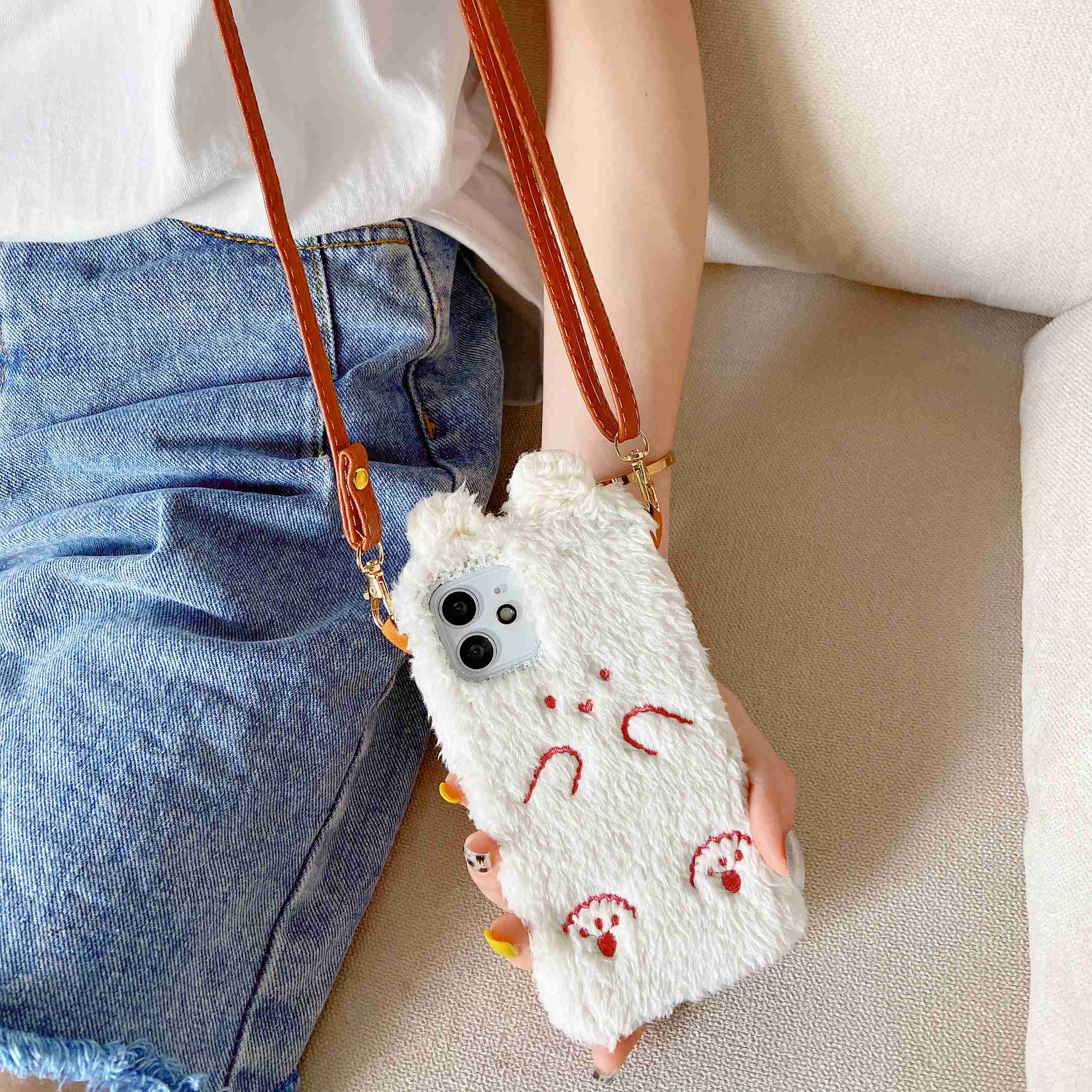 Plush Bear Mobile Phone Case With Lanyard, Suitable For IPhone12, Winter Mobile Phone Case