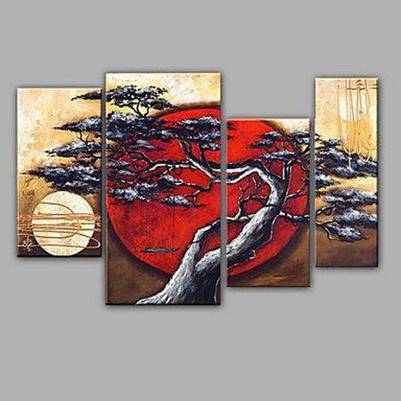 4 Piece Canvas Paintings, Tree Paintings, Moon and Tree Painting, Buy Art Online, Large Painting for Sale, Living Room Acrylic Paintings