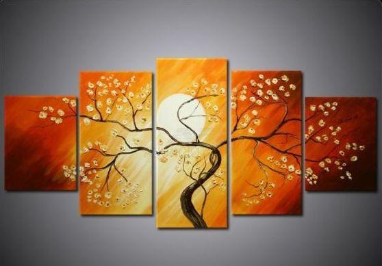 Flower Tree under Moon Painting, 5 Piece Canvas Art, Abstract Painting, Bedroom Canvas Painting
