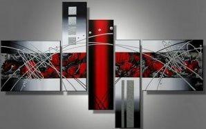 Red and Black Canvas Painting, Abstract Painting, Huge Wall Art, Acrylic Art, 5 Piece Wall Painting