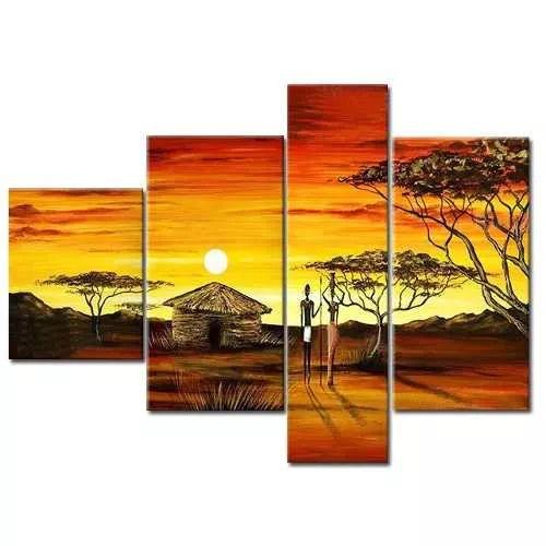 African Pinting, 4 Piece Canvas Art, Acrylic Painting for Sale, Large Landscape Painting, African Woman Village Sunset Painting