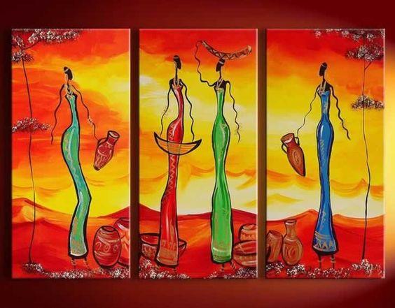 Abstract Painting, African Girl Acrylic Painting, Dining Room Wall Art, 3 Piece Art Painting