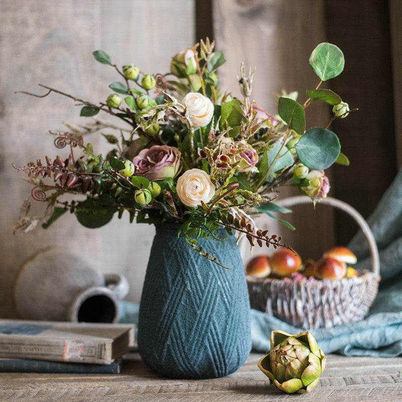 Eucalyptus leaves, Rose, Ranunculus Asiaticus Flowers, Beautiful Modern Flower Arrangement for Living Room, Ctreative Artificial Floral for Home Decoration