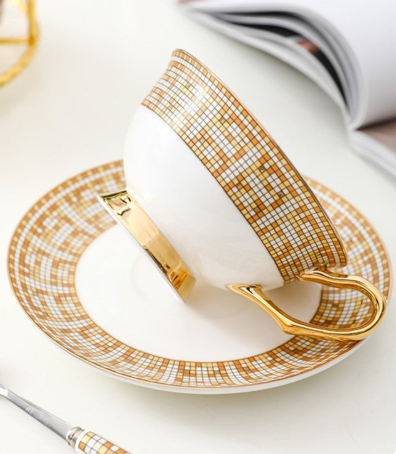 Handmade Elegant British Ceramic Coffee Cups, Unique Tea Cup and Saucer in Gift Box, Bone China Porcelain Tea Cup Set for Office, Yellow Ceramic Cups