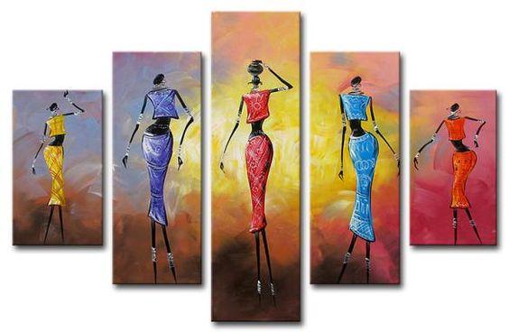 African Dancing Girl Painting, 5 Piece Acrylic Art, Abstract Painting, Extra Large Canvas Painting