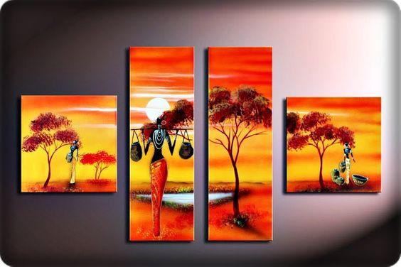 4 Piece Canvas Art, African Paintings, Landscape Canvas Paintings, Bedroom Canvas Art, Oil Painting for Sale, African Woman Painting