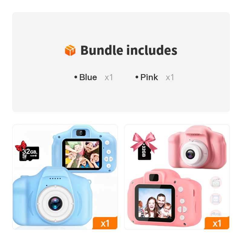 1080P Kids Digital Camera, Color Toy Kids Rechargeable Camera With 2 Inch Screen 13MP 32GB Card