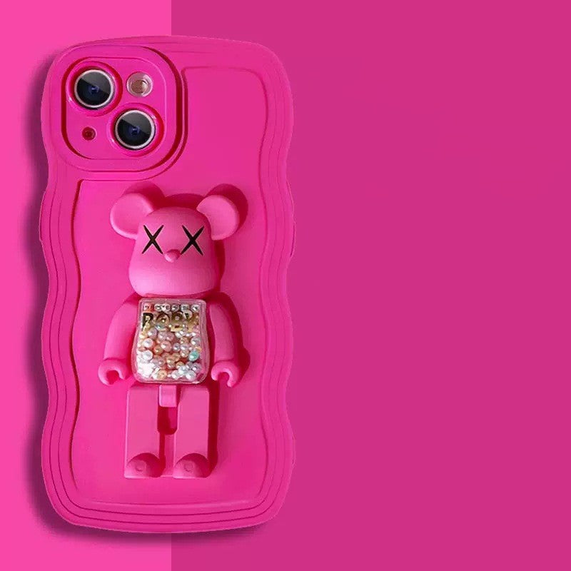 Wave Edge Phone Case With3D Glittering Bear Bracket