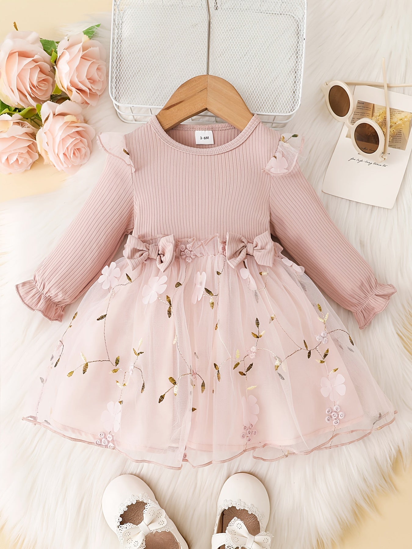 Baby Girls Mesh Dress Long Sleeve Bow Floral Embroidered Princess Dress Clothes Pink