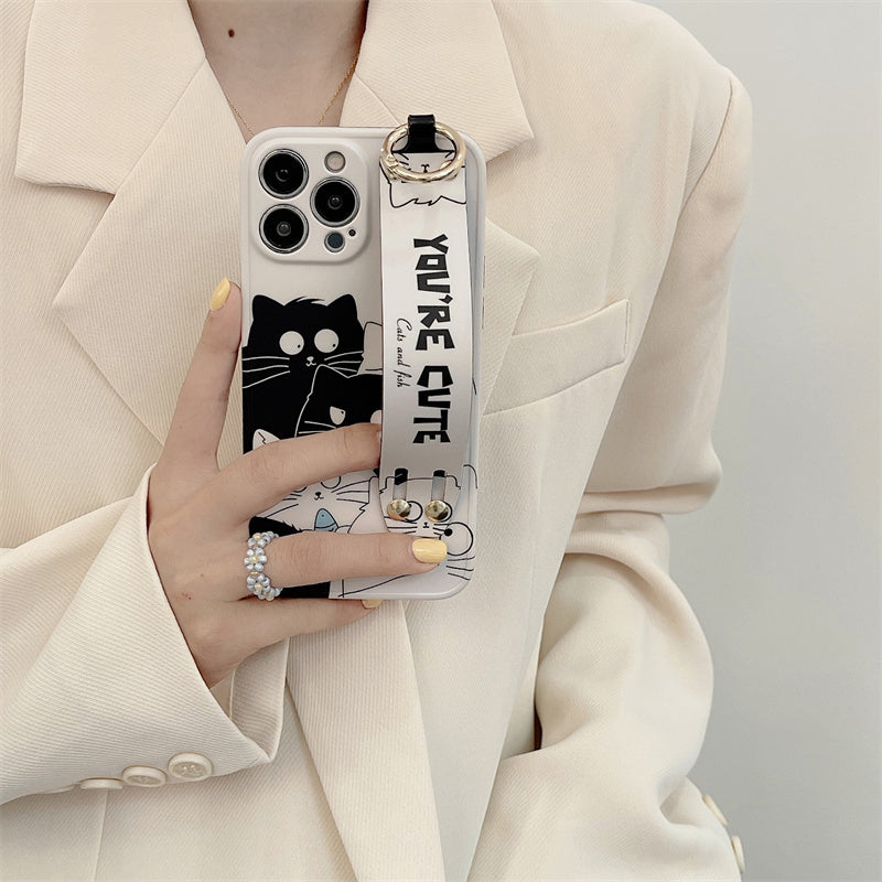 Curious Cute Cat Pattern Phone Case With Wristband