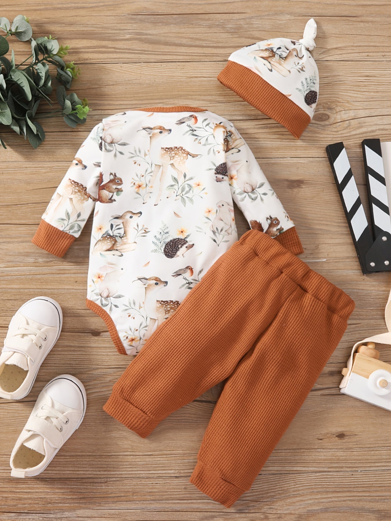 3pcs Newborn Infant Cute Animal Print Romper Long Sleeve Crew Neck Bodysuit & Pants & Hat Set For Baby Boys And Girls Toddler Clothes