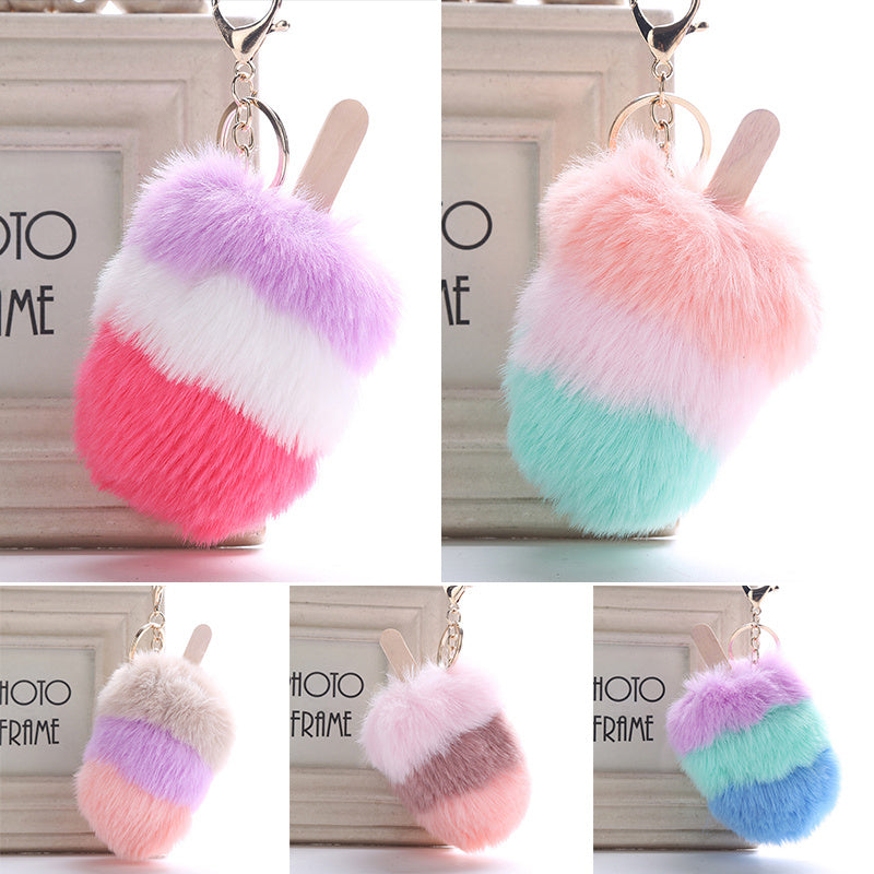 Fur Pom Pom Keychain Ice Cream Bag Purse Charm Yummy Metal Ring Fluffy Fur Ball Food Fashion Gift Charm
