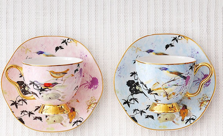 Unique Bird Flower Tea Cups and Saucers in Gift Box as Birthday Gift, Elegant Ceramic Coffee Cups, Afternoon British Tea Cups, Royal Bone China Porcelain Tea Cup Set