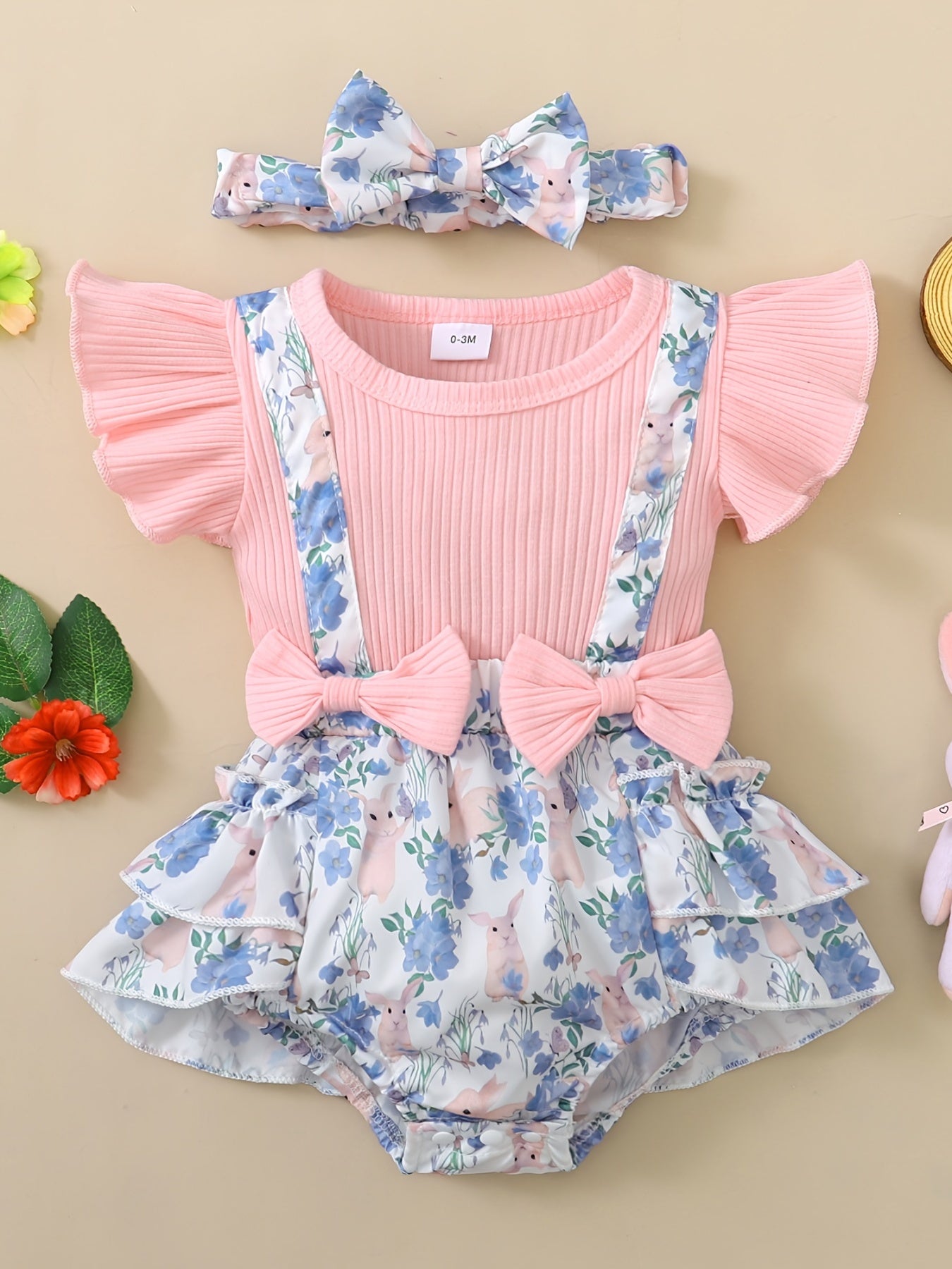 Girls Easter Rabbit Print Mesh Romper + Headband Set, Bodysuit Onesie, Baby Clothes