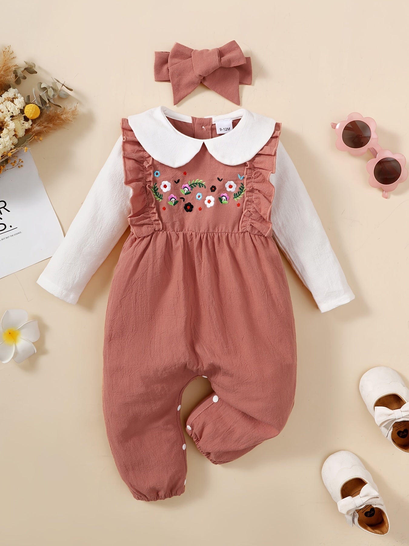 Newborn Infant Romper Flower Embroidery Long Sleeve Doll Collar Ruffle Jumpsuit & Headband For Baby Girls Kids Clothes