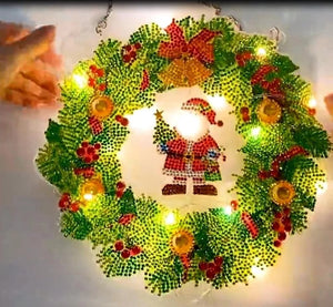 5D DIY diamond painting wreath with LED lights and keychain pendant kit shaped diamond art wall home decoration Christmas gift ktclubs.com