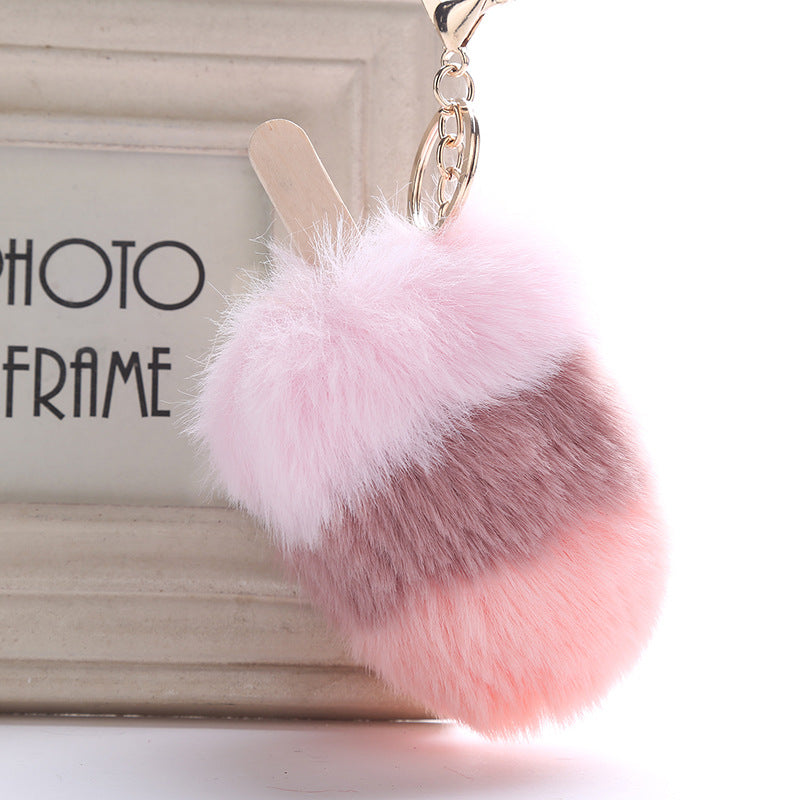 Fur Pom Pom Keychain Ice Cream Bag Purse Charm Yummy Metal Ring Fluffy Fur Ball Food Fashion Gift Charm