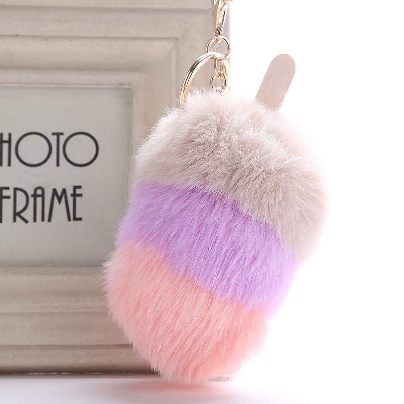 Fur Pom Pom Keychain Ice Cream Bag Purse Charm Yummy Metal Ring Fluffy Fur Ball Food Fashion Gift Charm