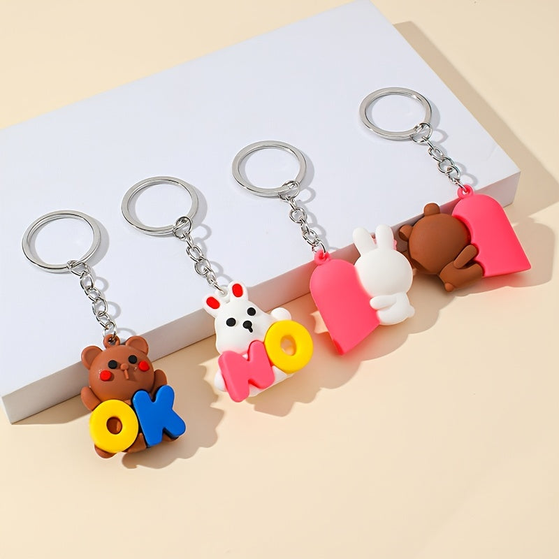 2pcs/set 3D Anime Creative Couple Bear Rabbit Keychain Bag Car Key Accessories Gift