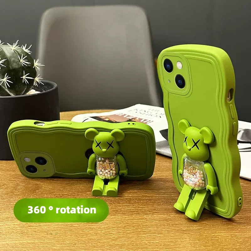 Wave Edge Phone Case With3D Glittering Bear Bracket