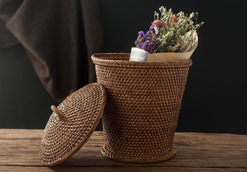 Indonesia Hand Woven Storage Basket with Cover, Natural Fiber Baskets, Small Rustic Basket