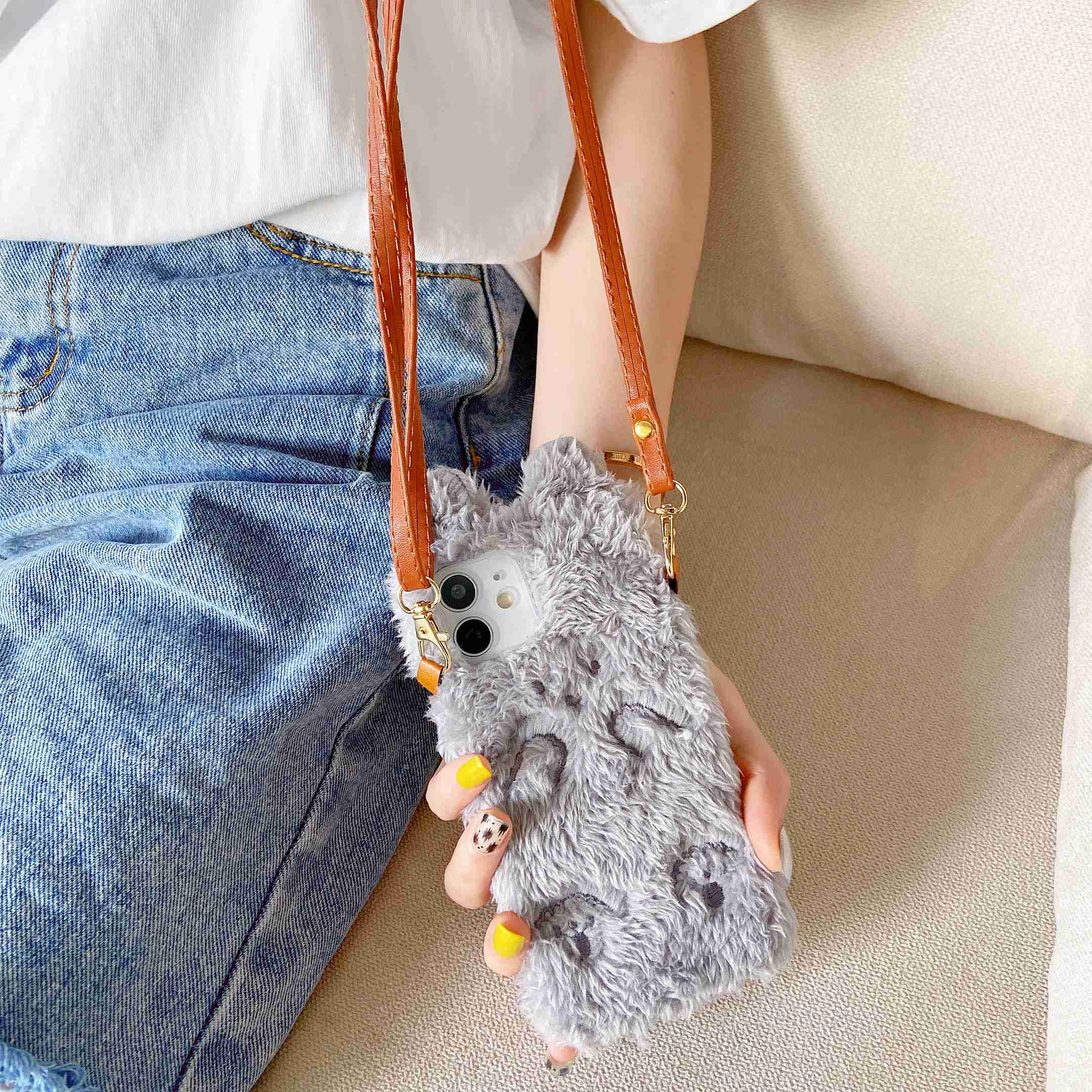 Plush Bear Mobile Phone Case With Lanyard, Suitable For IPhone12, Winter Mobile Phone Case