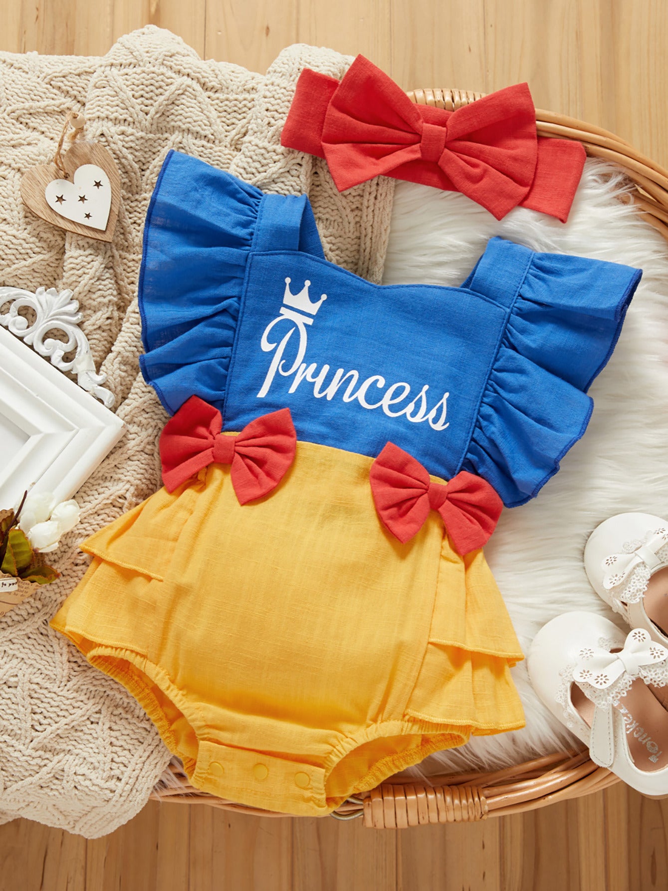 2pcs Newborn Infant Patchwork Romper Ruffle Sleeveless Bowknot Decor Bodysuit Onesies & Bow Headband Set For Baby Girls Toddler Clothes Summer Sunsuit