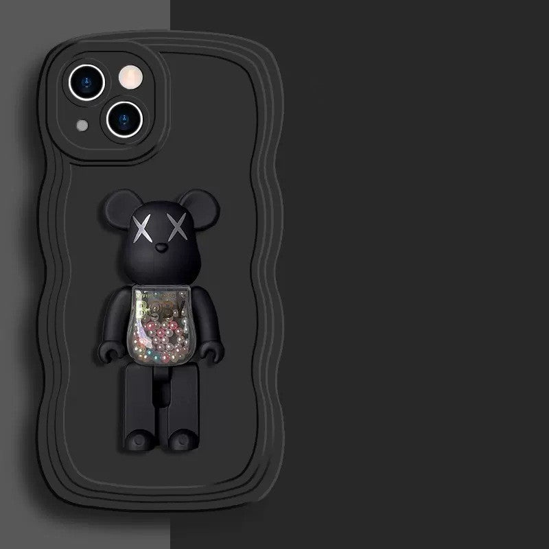 Wave Edge Phone Case With3D Glittering Bear Bracket