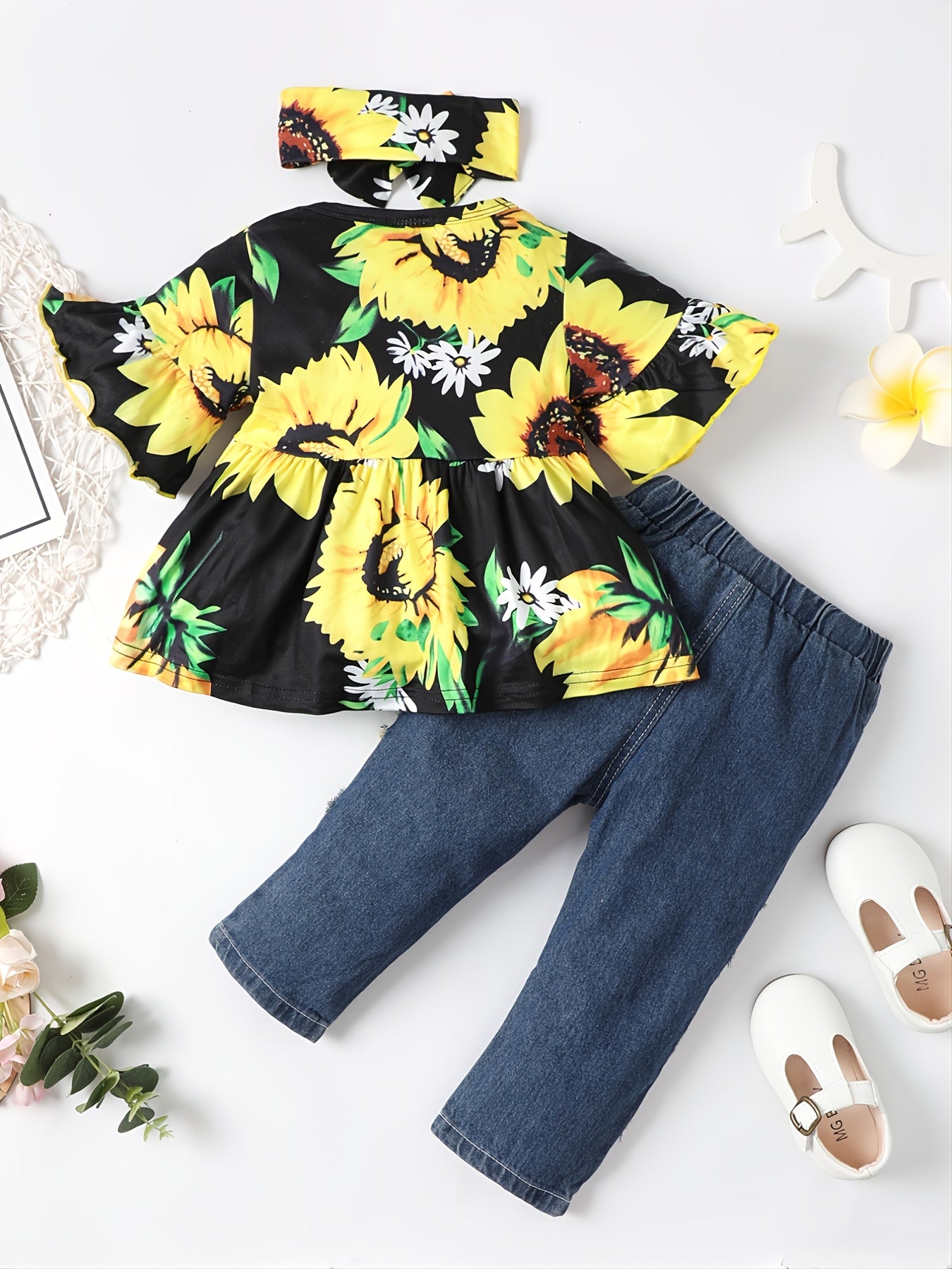 Baby Girls Top & Jeans & Headband With Sunflower Print Baby Clothes