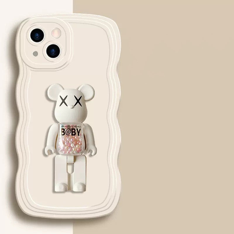 Wave Edge Phone Case With3D Glittering Bear Bracket