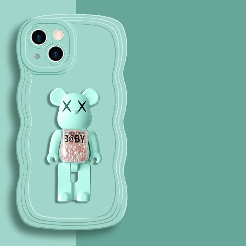 Wave Edge Phone Case With3D Glittering Bear Bracket