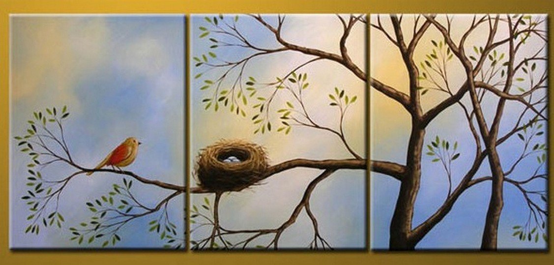 Bird Art, Canvas Painting, Modern Art, 3 Piece Wall Art, Abstract Painting, Tree of Life Painting