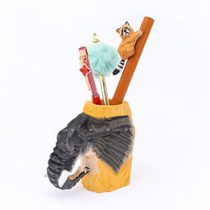 Creative log carving elephant pencil bucket stationery storage box art desk ornament vintage cartoon animal pen holder ktclubs.com