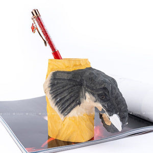 Creative log carving elephant pencil bucket stationery storage box art desk ornament vintage cartoon animal pen holder ktclubs.com