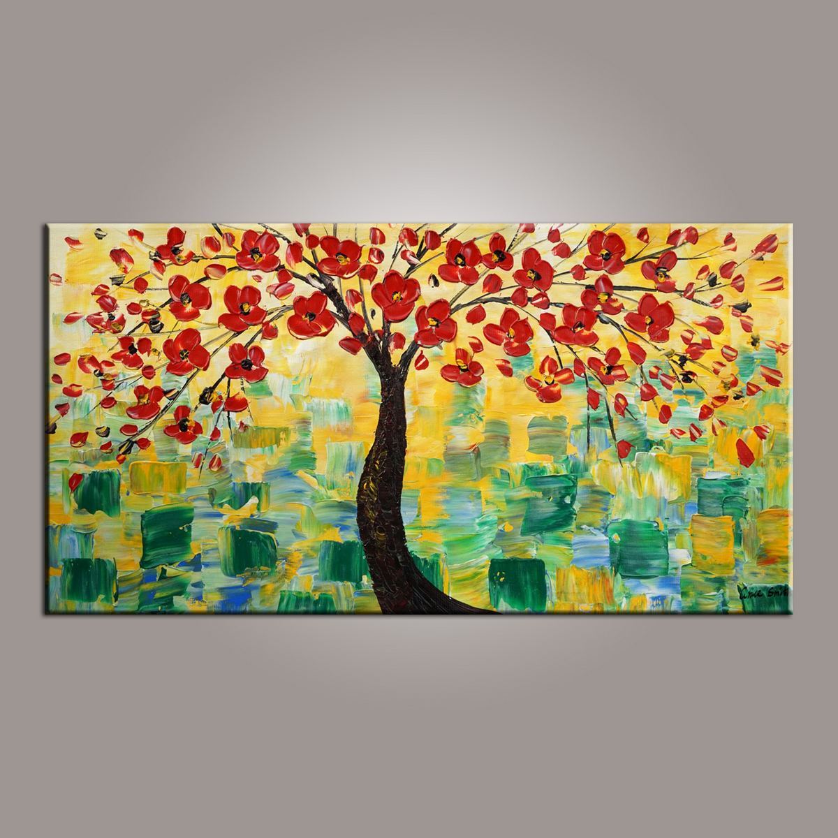 Red Flower Tree Painting, Canvas Art, Abstract Painting, Painting on Sale, Dining Room Wall Art, Art on Sale, Modern Art, Contemporary Art