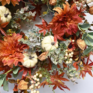 Fall Door Wreath Artificial Wreath with Pumpkin Maple Leaves Dahlia Grapevine Twig Wreath for Fall Front Door 24" Wide ktclubs.com