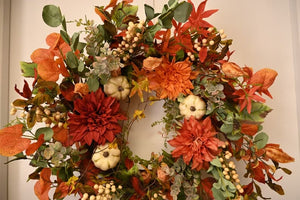 Fall Door Wreath Artificial Wreath with Pumpkin Maple Leaves Dahlia Grapevine Twig Wreath for Fall Front Door 24" Wide ktclubs.com