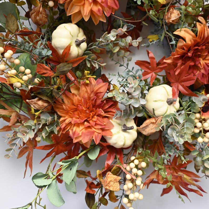 Fall Door Wreath Artificial Wreath with Pumpkin Maple Leaves Dahlia Grapevine Twig Wreath for Fall Front Door 24" Wide ktclubs.com