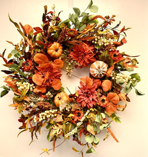 Fall Door Wreath Artificial Wreath with Pumpkin Maple Leaves Dahlia Grapevine Twig Wreath for Fall Front Door 24" Wide ktclubs.com